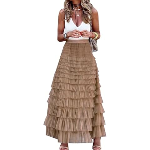Gratoryna Womens Long Maxi Tulle Skirt A Line Ruffle Mesh High Waisted Tiered Layered Skirts Petticoat(Camel-S) Cover