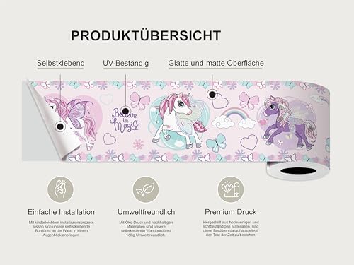 Selbstklebende Bordüre Einhorn AG Design, AWBD 8026 | Wasserfest Kinderzimmer Wand Aufkleber Dekoration | Wandbordüre für Mädchen und Junge | Folie, Mehrfarbig | Breite 500 cm x Höhe 13.8 cm