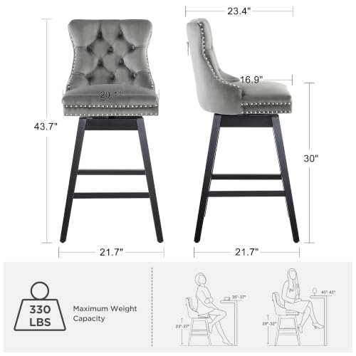Image of Grey Swivel Bar Stools, Velvet Counter Height Bar Stools Set of 5 | 360 Swivel Bar Chairs, Solid Wood Legs, Upholstered Kitchen Island Stools, Modern Extra Wide Seat (Grey, 30 inch H, 5 Pack)