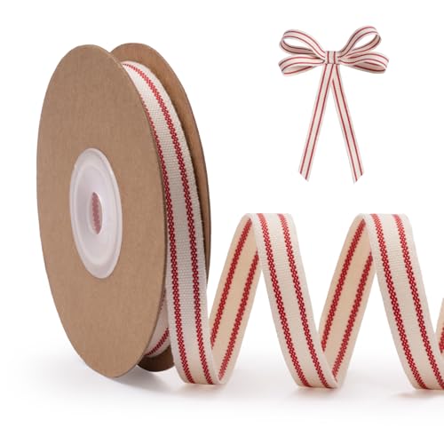 FAKILO Cute Stripe Ribbon for Gift Cake Present Wrapping Craft DIY Fun Ribbon with Red Stripes 3/8 Inch x 10 Yards