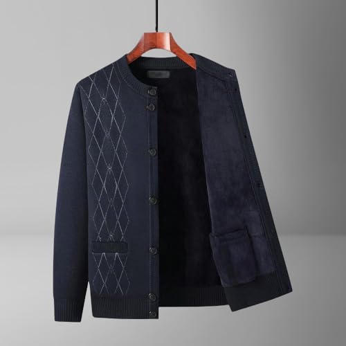 Autumn Winter Men's Fleece Lined Round Neck Warm Button Thick Knit Cardigan2