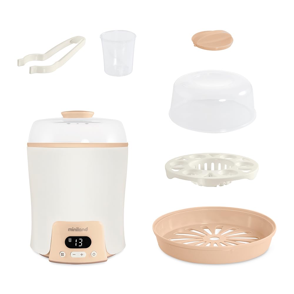 Miniland - Super 6, Calienta Hasta 6 Biberones, Esteriliza Biberones y Potitos, Cocina al Vapor, Descongela, Cuece, Mantiene la Temperatura, 6 En 1 (Beige)