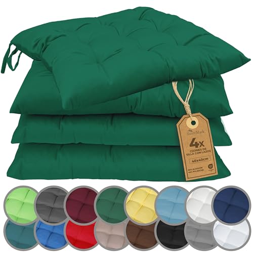 NatureMark Set de 4 Cojines para Sillas con Lazos 40x40 cm – Cojín de Asiento Relleno para Cocina, Jardín y Terraza – Color Verde Oscuro