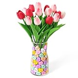 Mulbozy Valentines Day Decorations, Valentine Theme Decor with Glass Vase、Conversation Hearts Filler & Tulips for The Home or Office Centerpiece Table