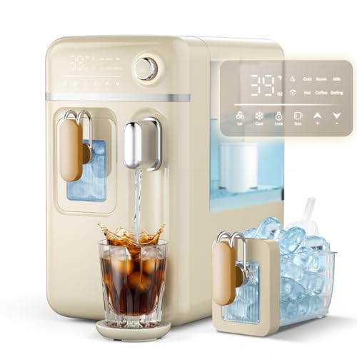 Countertop Ice Maker with Hot & Cold Dispenser, Filtered Water Bar for Coffee, Tea, Home Bar, Office & RV, 6-Min Bullet Ice, 39°F Cold, 205°F Hot, 7 Temps, 5 Volumes, Self-Cleaning, No Installation