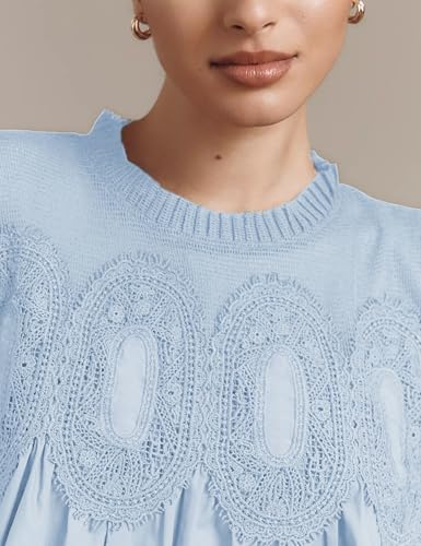 Lentta Women's Lace-Detail Flared Blouse Long Sleeve Crew Neck Poplin Mesh Swing Babydoll Tops Elegant Loose Shirts2