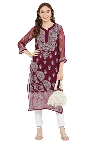 Image of FAWOMENT Women's Designer Straight Georgette Hand Embroidered Lucknowi Chikankari Kurta Designed in Side Jhaar Pattern Alongwith Slip
