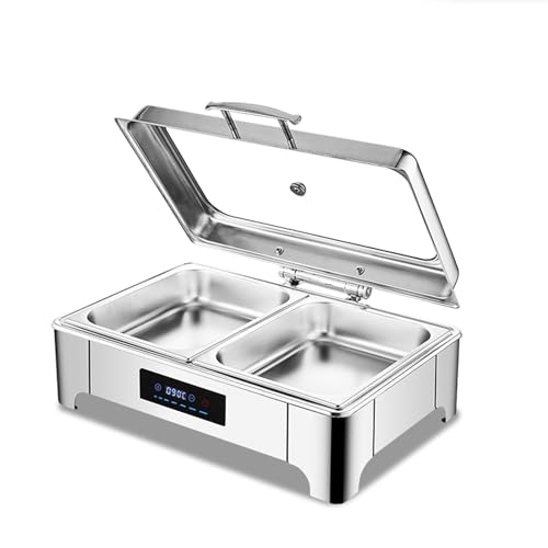 Calentador de alimentos con tapa de vidrio y control de temperatura ajustable para eventos de catering, diseño rectangular, 1/2 sartén, perfecto para bufés y fiestas