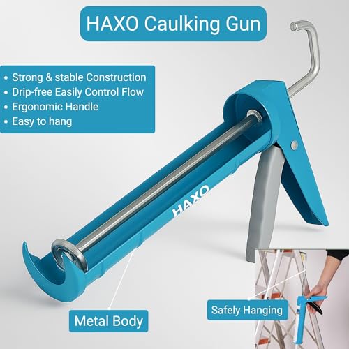 Image of HAXO 9-Inch Caulking Gun, 300g Lightweight, Sturdy Steel Body, Smooth Round Rod, 6:1 Thrust Ratio, For Acrylic, Latex & Silicone Sealants | Riveted End Caps | Hardened Plunger Bush