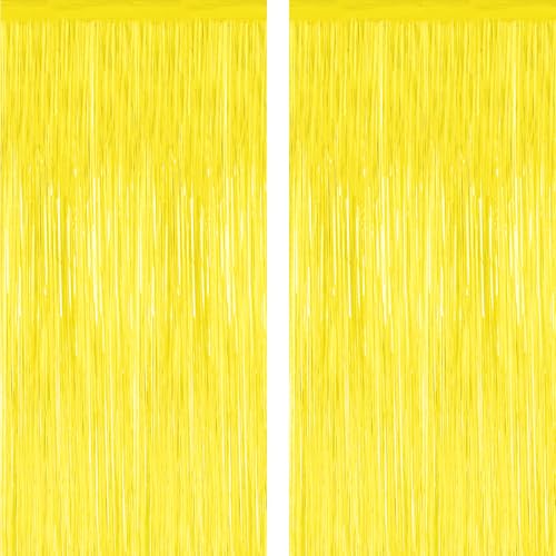 2 Pack Backdrop Curtains, 3.28 FT x 7.05 FT Yellow Color Tinsel Backdrop, Metallic Foil Backdrop Fringe Curtains Party Streamer, Party Decorations Photo Backdrop for Birthday