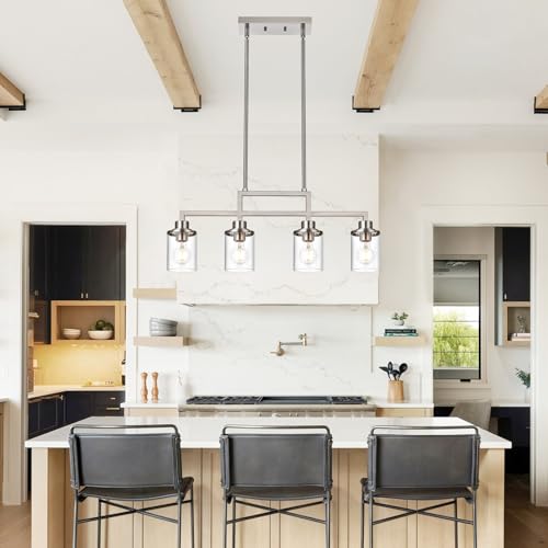 Yaohong 4-Light Brushed Nickel Kitchen Chandeliers Over Table, 31.1 inch Modern Dining Room Light Fixture, Island Lights for Kitchen with Clear Glass Shade, Height Adjustable by Yaohong - Image 4