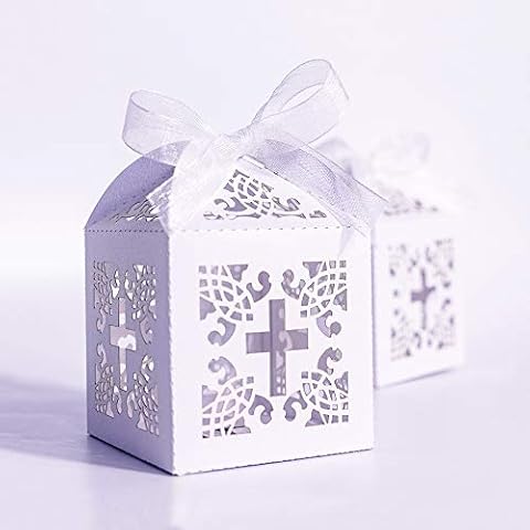 YOZATIA 50PCS Cross Favor Boxes, 2.2 x 2.2 x 2.2 Inches Baptism Favor Boxes with 50 Ribbons, for Party Birthday Christening favor(Cross) Cover