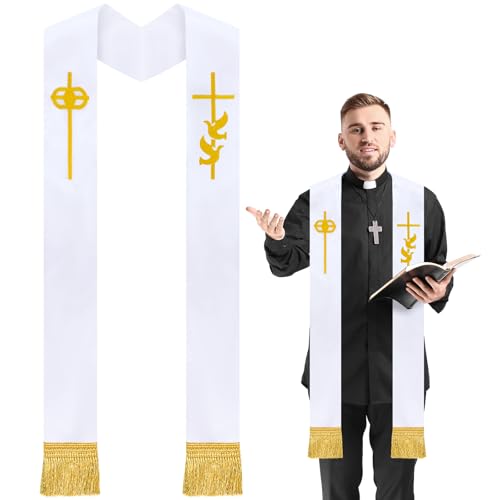 Geyoga Priest Stole 110 Inches Pastor Wedding Embroidery Stole White Clergy Stole Gold Priest Sash Cross and Dove Embroidery Priest Robe Cassock for Men Wedding Officiant Stole