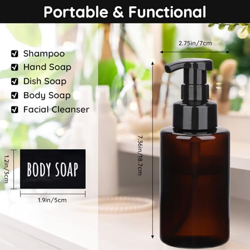 Image of Segbeauty 13.5oz 4pcs Foaming Hand Soap Dispenser Refillable, Empty Foaming Soap Dispenser with Pump, 400ml Plastic Foamer Bottle, Amber Foam Pump Bottle with Waterproof Labels for Bathroom Kitchen