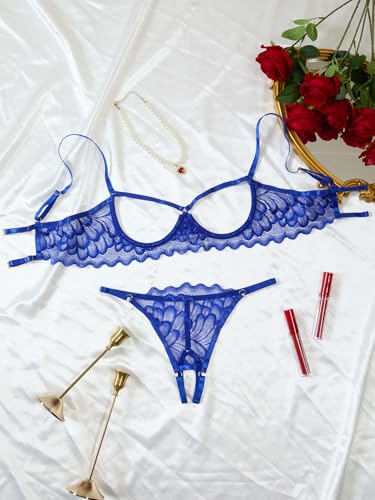 Image of Lilosy Sexy Underwire Floral Lace Sheer Lingerie Set for Women See Through Bra and Panty 2 Piece