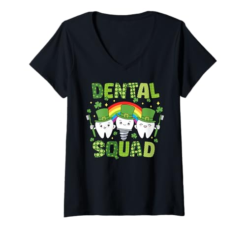 Mujer Dental Squad Diente Divertido Lucky Rainbow Día de San Patricio Camiseta Cuello V