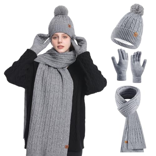 HOSPAOP Ensemble 3 en 1 pour femme - Bonnet, écharpe et gants avec pompon - Gants tactiles - Kit chaud pour l'extérieur et le quotidien