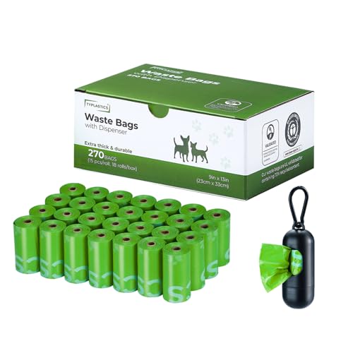 Image of TYPLASTICS Dog Poop Bags Rolls 270 Count, 13 inchx 9 inch, Unscented, 18 Pack of 15 | Pet Waste Bags, with Dispenser, Lime Green, Unscented