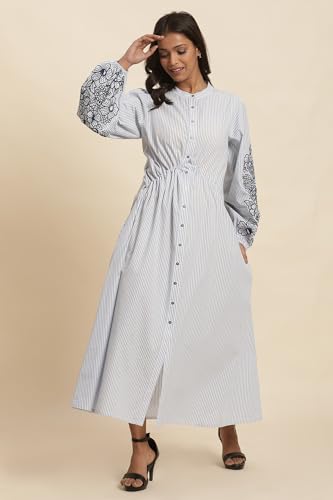 Image of W for Woman W Women White Striped Print Cotton A-Line Dress