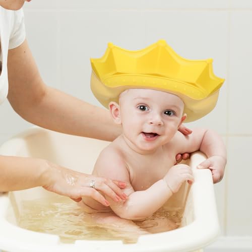 Image of Baby Shower Cap Adjustable Toddler Hair Washing Shield Soft Silicone Bath Visor Protects Eyes and Ears for Kids with Cute Crown Design