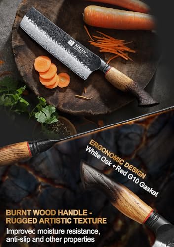 XINZUO Damaststahl 18cm Nakirimesser Hammerfinish Küchenmesser -Scharfe Klinge Profi Geschmiedet Kochmesser Chefmesser -Schnellschnitte für Fleisch, Fisch, Obst und Gemüse -Griff aus Weißeiche