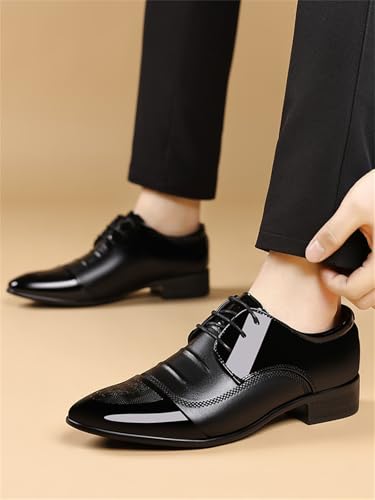 Image of Men's Trendy Patent Leather Tuxedo Dress Shoes Cap Toe Lace up Formal Business Oxfords Wedding Prom
