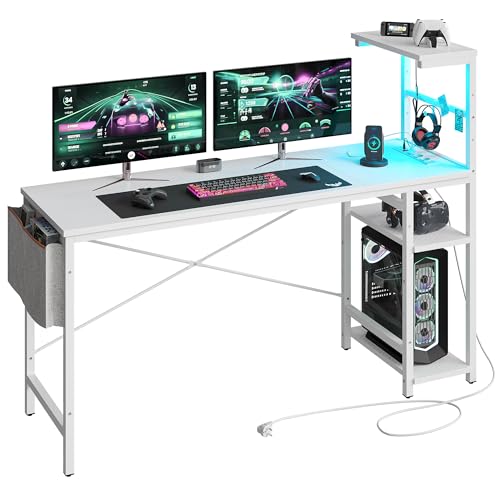 Bestier Scrivania da gioco con presa, scrivania per computer con ripiani, illuminazione a LED, tavolo da gioco per PC con ganci per cuffie per ufficio, piccola stanza, bianco, 155 x 50 cm
