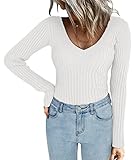 Jeanewpole1 Womens V Neck Knit Sweater Winter Long Sleeve Slimming Fit Warm Tops White