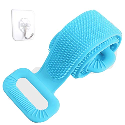 Silicone Back Scrubber for Shower, 30＂Exfoliating Lengthen Silicone Bath Body Brush, Double Sided Silicone Body Scrubber, Easy to Clean, Lathers Well Scrubber with A Hook (Blue)
