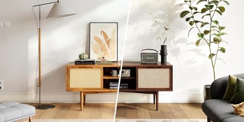 Image of MISAN Modern TV Table | Solid Sheesham Wood Sideboard TV Unit for Living Room, Bedroom, Office Furniture Stand | Wooden Free Standing Entertainment Unit Side Board Table with Storage (D-Hony)