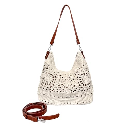 Eiyye Large Crochet Hobo Crossbody Bag for Women Handmade Purse Shoulder Bag for Travel, Vacation & Everyday Use (Off White)