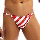 TSSOE Men Satin Striped Christmas Thong Sissy Panties Sting Bikini Breifs Underwear Red XXL