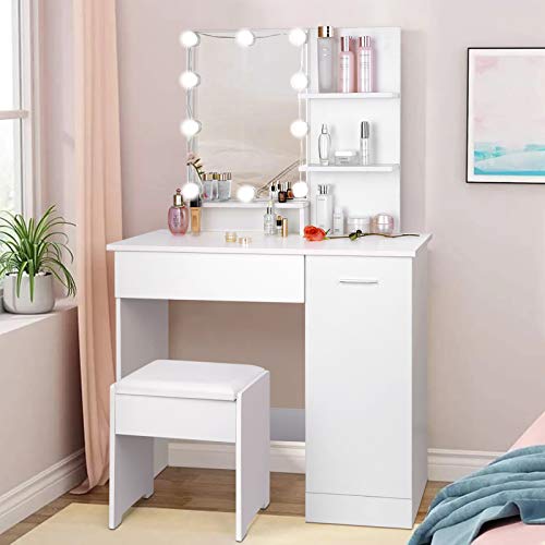 amzdeal Makeup Vanity Table Set with Lights, Vanity Desk with 3Â ColorÂ LightingÂ Modes, Adjustable Brightness, 1 Large Drawer & 1 StorageÂ Cabinet, DressingÂ Table for Girls Women,Â White