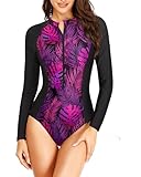 Daci Women Rash Guard Long Sleeve One Piece Swimsuit Zipper Surfing Purple Leaves Bathing Suit UPF 50 L