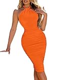 BEAGIMEG Women's Sexy Bodycon Sleeveless Backless Ruched Halter Neck Party Club Cocktail Midi Dress Orange