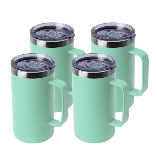 DOMICARE 24oz Mug with Handle and Lid, Stainless Steel Coffee Mug, Travel Mug with Handle, Double Wall Vacuum Coffee Tumbler, Reusable Insulated Cup, Mint Green, Pack 4