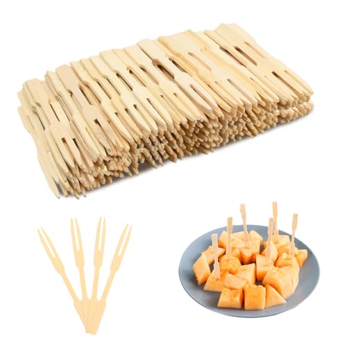 160 Stück Bambusgabeln, Einweg Fruchtgabeln, Holzgabeln, Fingerfood Holz Bambus Picker, Obstspieße mit zwei Zinken, Mini Cocktailgabeln, Holzbesteck Partybesteck für Party Camping Geburtstag Picknick