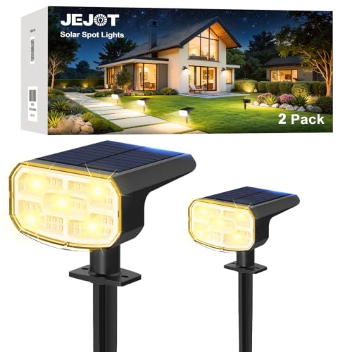 Image of JEJOT Solar Spot Lights Outdoor Waterproof, Solar Spotlights, 2 Pack | 2 Lighting Modes, 120 Adjustable Solar Lights for Yard Garden Lawn Landscape Pathway, Warm White