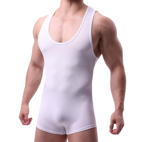 SPNSSTCR Men Athletic Supporters Bodysuits Leotard Wrestling Singlet Jumpsuits Seamless Slim Fits Shapewear Boxers (All White, M)