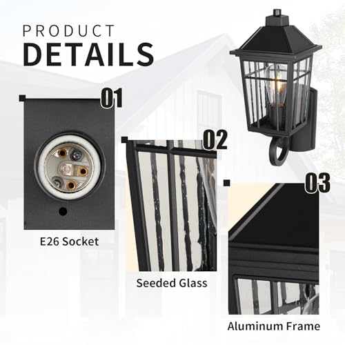 Image of JYZ Outdoor Porch Light Wall Mount, 15 inch Exterior Wall Lighting Fixtures with Seeded Glass Shade, Anti-Rust Matte Black Outdoor Wall Sconce, E26 Base Outside Lantern for Front Door, Patio, Garage