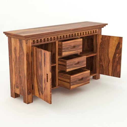 Image of Solid Sheesham Wood Sideboard and Cabinets | Wooden Side Board Media Console Tv Cabinet for Living Room | Free Standing Cabinet with 3 Drawers & 2 Door Cabinet Storage | Natural Finish