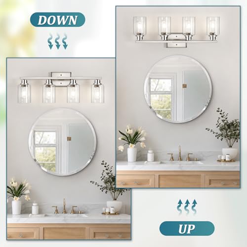 Image of Unicozin Modern Brushed Nickel Bathroom Light Fixtures, 4-Light Vanity Lights Over Mirror with E26 LED Bulbs Included, Wall Sconce with Clear Glass Shades for Living Room Bedroom Hallway Kitchen