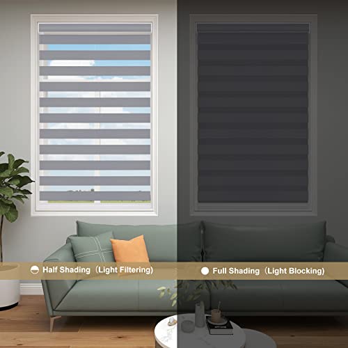 Image of Changshade Custom Size Zebra Blinds Cordless Indoor Window Shades Privacy Dual Layer for Living Room, Bedroom, Bathroom, Kitchen, Nursery, Inside Outside Mount Easy Install, Blackout, Dark Grey
