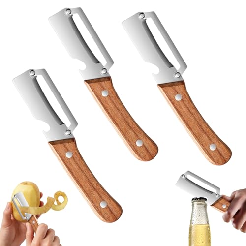 3 Pack Multifunctional Vegetable Peeler, Pelador Multifuncional 2 en 1, Pelador de Madera Zero Snag, Stainless Steel Vegetable Peeler with Wooden Handle and Bottle Opener, for Apple, Potato, Pumpkin