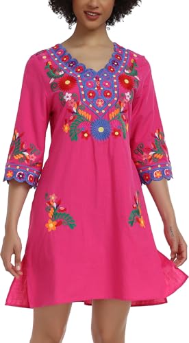 Image of YZXDORWJ Women Embroidered Mexican V Neck Floral Dress Long Sleeve Floral Traditional Bohemian Dress