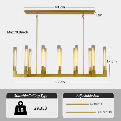 54'' Brass Rectangular Chandeliers for Dining Room,12-Lights Modern Farmhouse Chandelier with Knurled Glass Tube,Gold Linear Chandeliers Dining Room Over Table Rectangle Kitchen Island Pendant Light