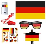 6-teiliges Deutschland Fanartikel Set, Zubehör mit Brille, Flagge mit Armstulpen, Gesichtsschminkaufkleber und Pfeife, perfekte Fußball-Deko für Fußballpartys