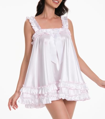 Satini Lingerie Satin Sissy Ruffle Hem Frilly Babydoll Dress Negligee Feminine Cosplay2