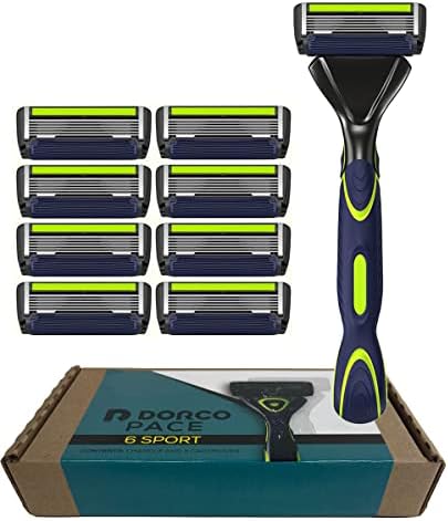 DORCO Pace 6 Sport System - Six Blade Razor System with Trimmer and Pivoting Head - 9 Pack (1 Handle + 9 Cartridges)