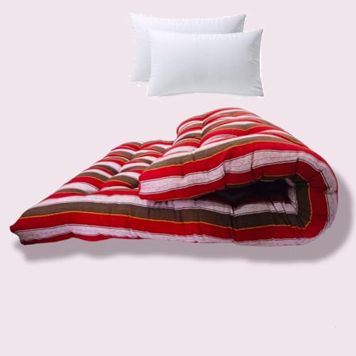 HBM Double Bed Cotton Filled Quilt Mattress with 2 Pillows, Soft & Reversible, Firm Gadda for Floor & Bed, Cotton Fabric, Maroon Lining with Star Pattern, 6 x 6